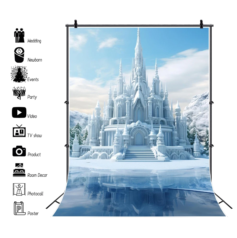 Winter Castle Photography fondale Blue Ice Forest Wonderland sfondo Snow Mountian Tree Baby Shower Birthday Party Decor