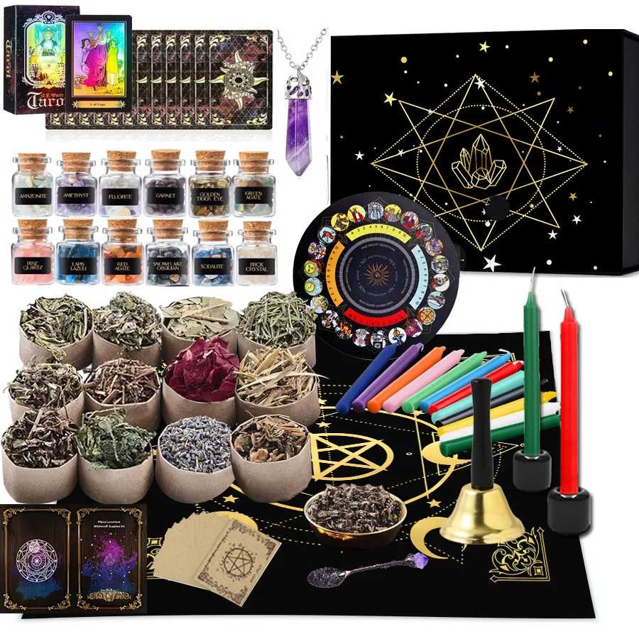 Witchcraft Supplies Kit 135 PCS Wiccan Kit Dried Herbs Crystal Jars Colored Candles Parchment Paper Witch Altar Tools for Spells