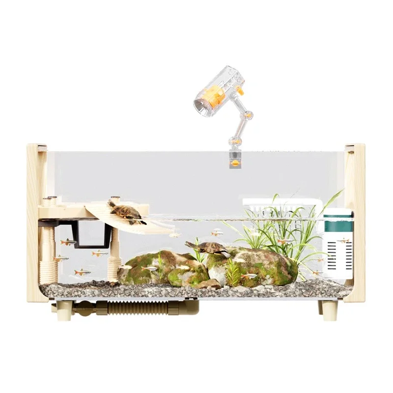 Wood grain ecological turtle tank ultra-white glass sunscreen landscaping boxes for household turtles, fish turtle polyculture
