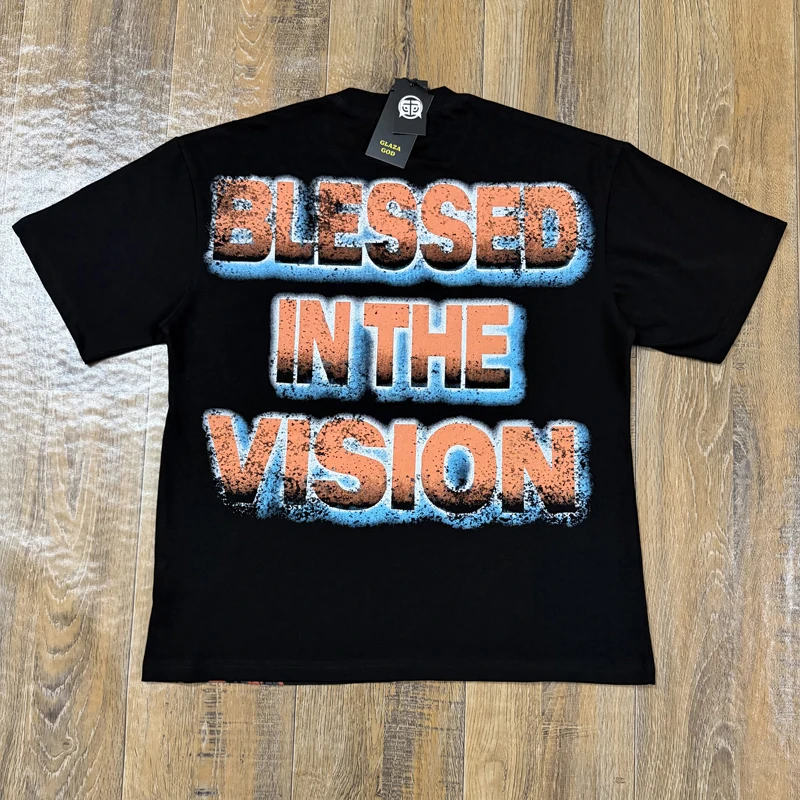 Vintage Cross Figure Graphic GLAZA GOD T‑Shirt Men Streetwear Hotfix Rhinestone Letter Print GlazaGod Short‑Sleeve Casual Tees