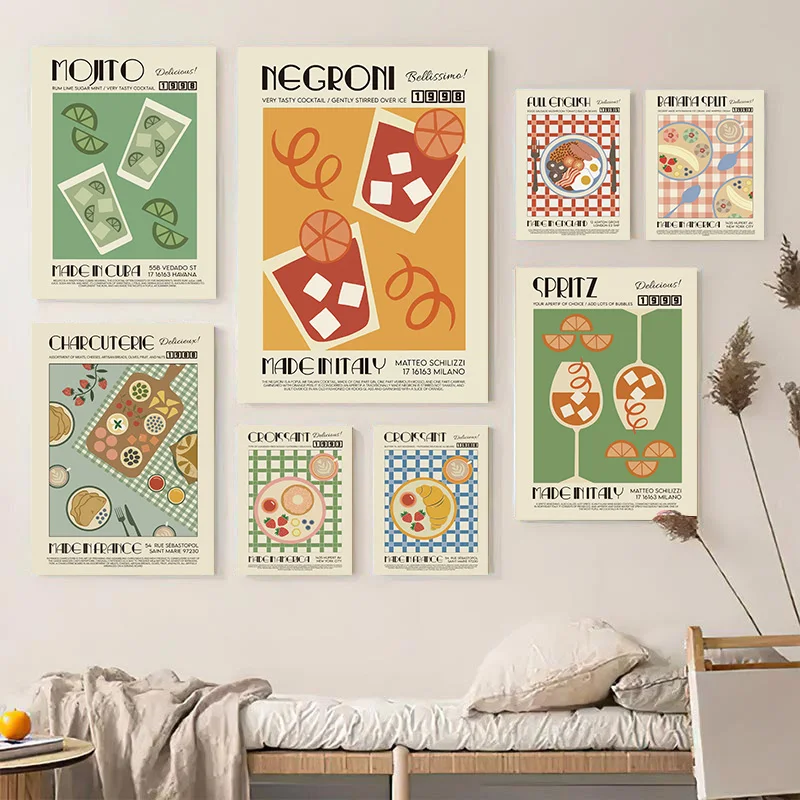 Framed Vintage Food Cocktail Canvas Wall Art Kitchen Poster Wall Picture Aesthetic Home Decor Dining Bar Wall Decoration Gift