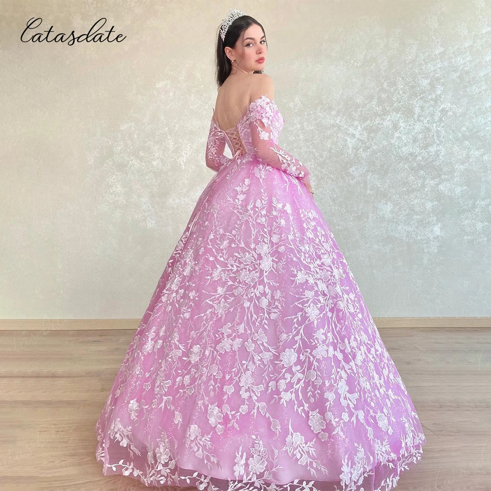 Catasdate Pink Ball Gown Applique Puffy Evening Party Dresses Detachable Sleeves Long Wedding Ceremony Dress vestidos de noche