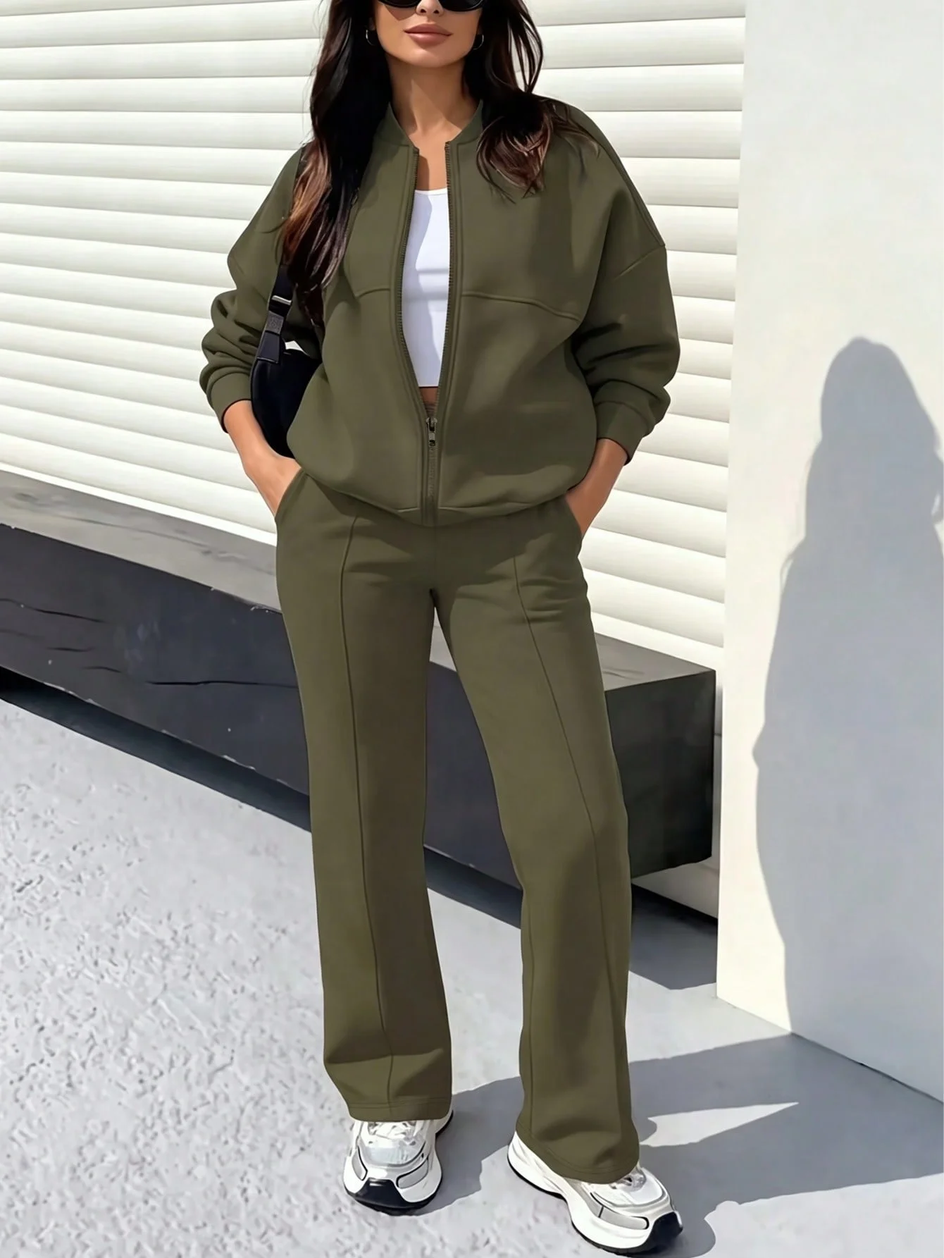 Women's New Fashion 2-Piece Tracksuit Set: Zip-Up Jacket with Bomber Collar and Long Sleeves, High-Waisted Straight-Leg Pants with Stitching Details, Casual Outfit for Everyday Street Wear, Suitable for Shopping, Trave