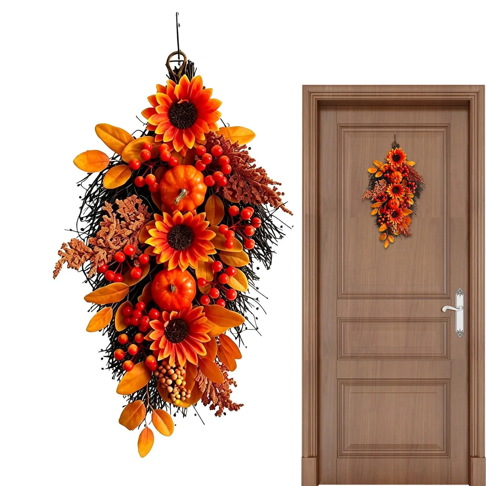 21 Inch Autumn Harvest Teardrop Wreath Artificial Sunflower Pumpkin Berries Thanksgiving Wall Decor Fall Harvest Door Swag Decor