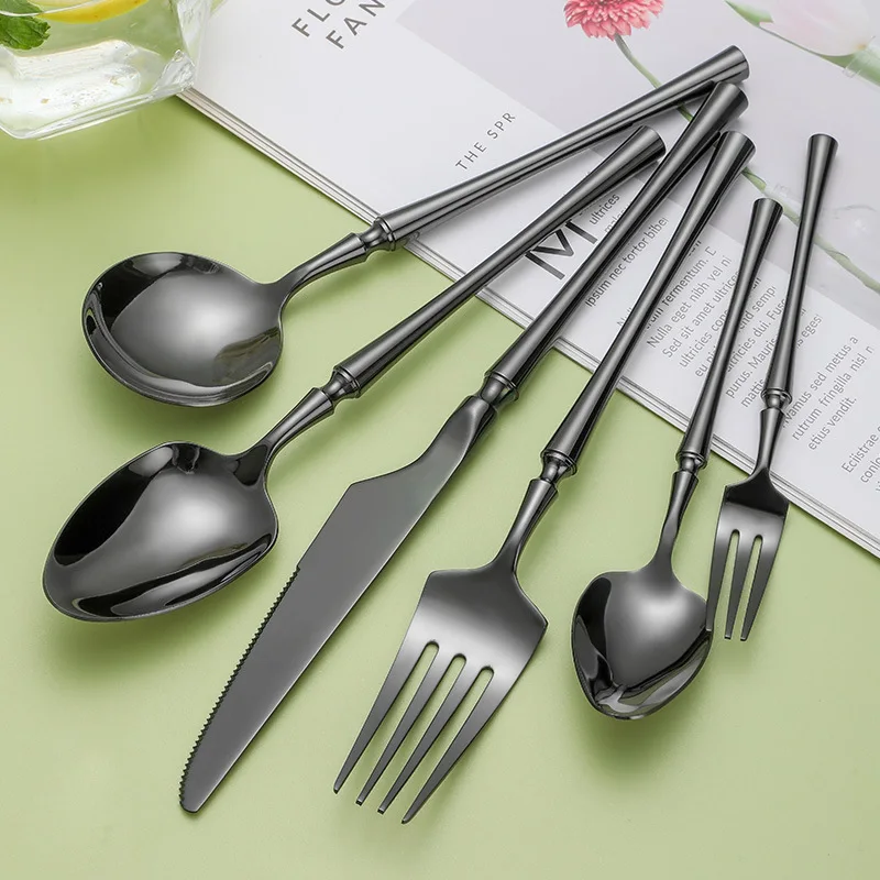 Korean Style Dinnerware Set 18/10 Stainless Steel Knife Fork Spoon Chopsticks Portable Cutlery Set Thick Round Handle Tableware