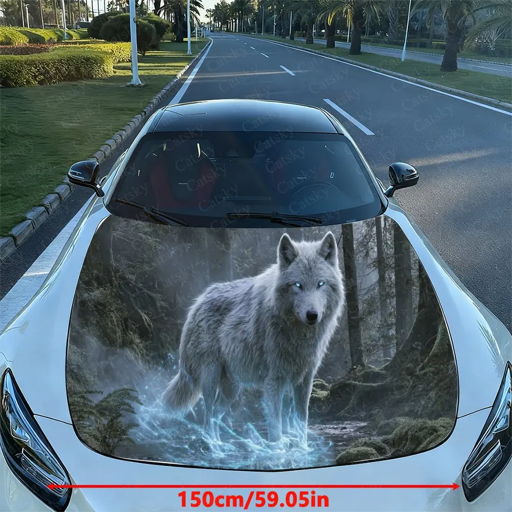 Fantasy Style Forest White Wolf Car Vinyl Wrap, PVC Waterproof Car Hood Sticker, Self-Adhesive Scratch-Resistant Stickers