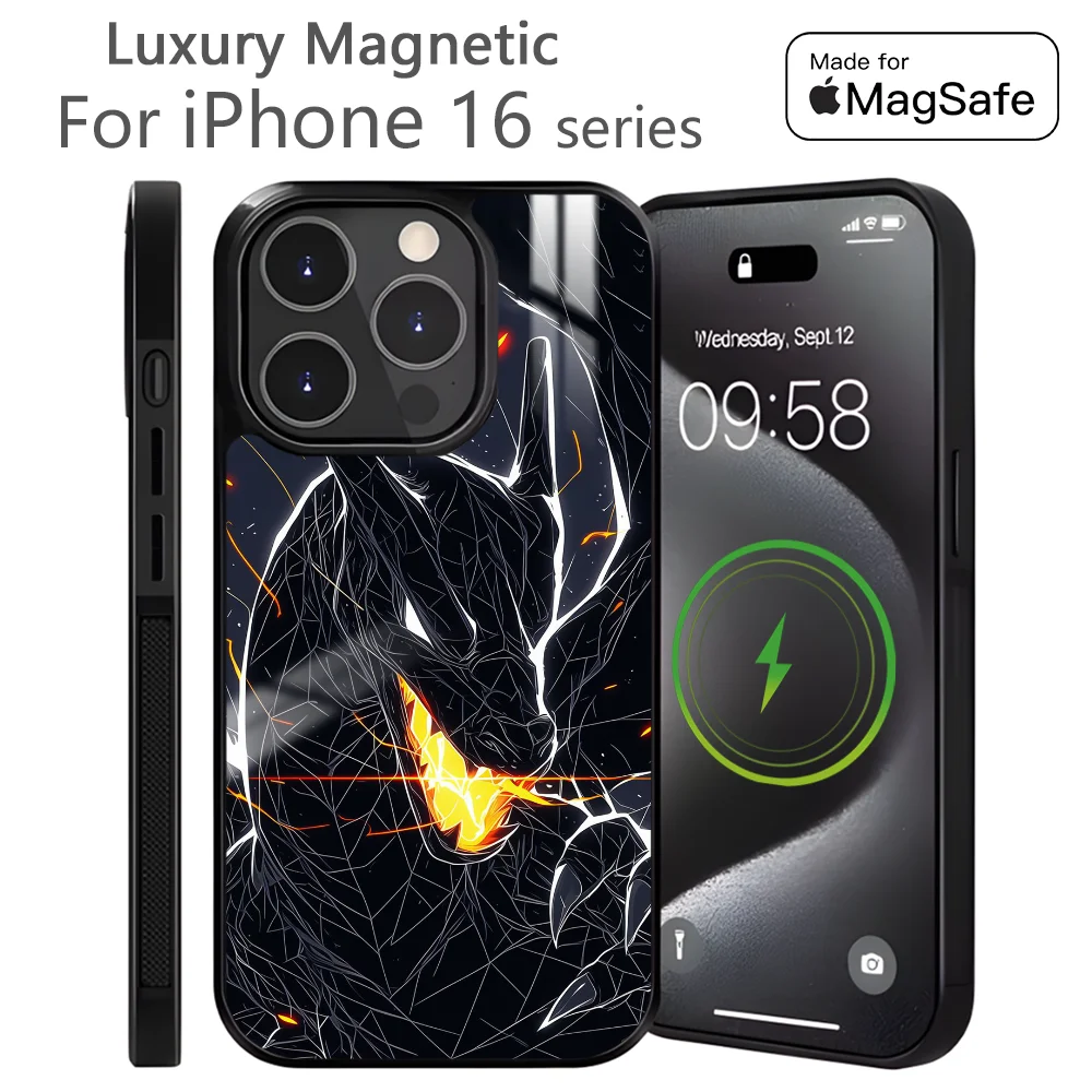 Anime Cool Charizard Luxury Phone Case For iPhone 16 15 14 13 12 11 Pro Max Plus Mini Magnetic Magsafe Wireless Charging Cover