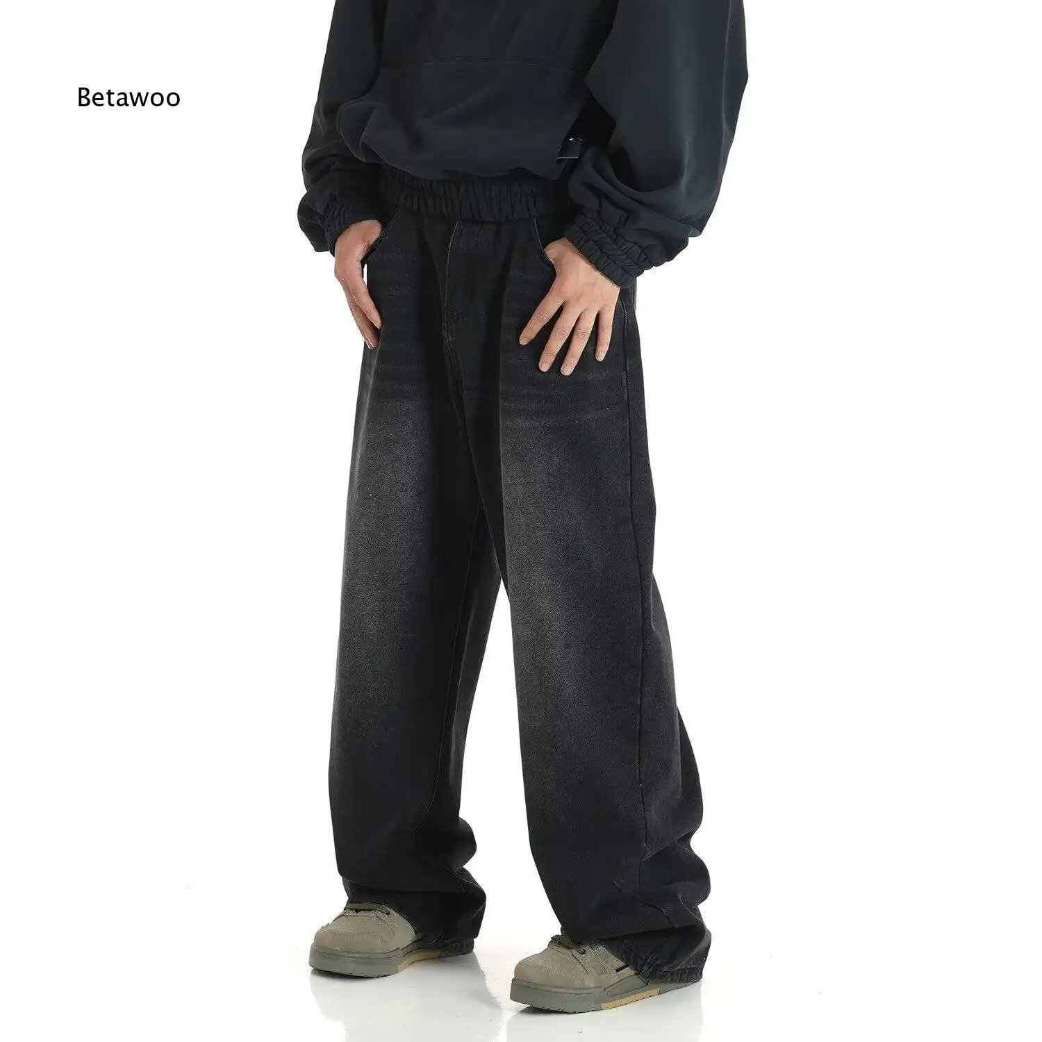 Vintage Denim Pants for Men American Style Loose Fit Yellow Mud Wash Straight Leg Trousers Washed Distressed Wide Leg Long Pant