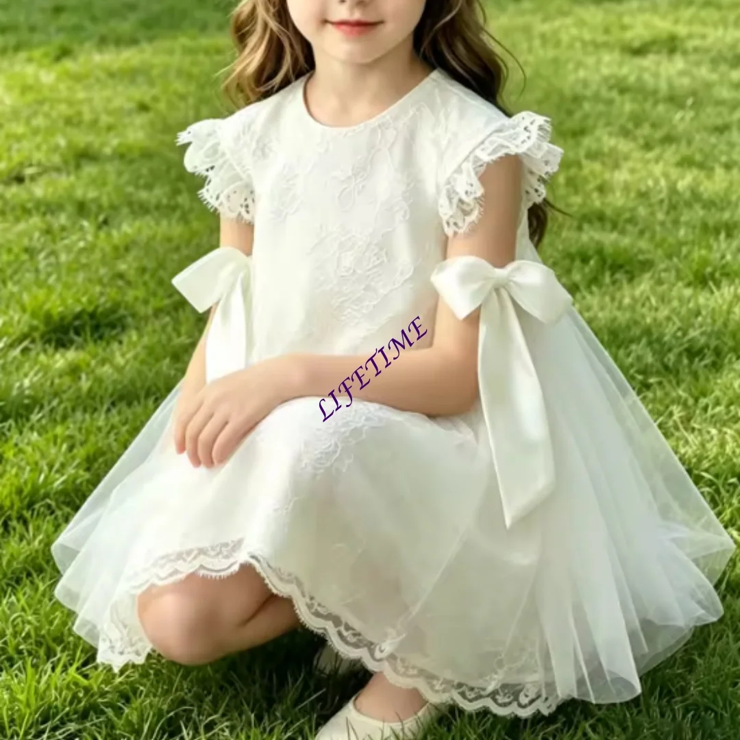 Princess Lace Dress for Baby Girl Customized Party Birthday Children's Clothing with Bow White Infant Baptism Vestido Toddler Gف