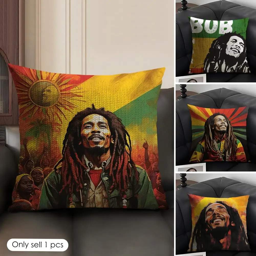 Singer Bob M-Marley Cushion Cover Natural Linen Organic Fabric Double-Sided Printing Sofa Home Decor Gift Pillow Case
