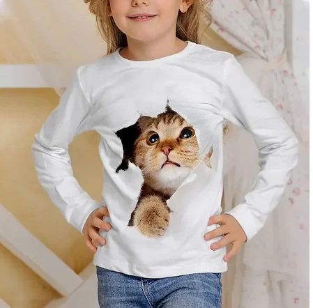 T-Shirt à Manches sulfpour Enfant Fille de 3 à 12 Ans, Vêtement d\'Extérieur Décontracté et Amusant avec Image de Chat en 3D, Automne, 03