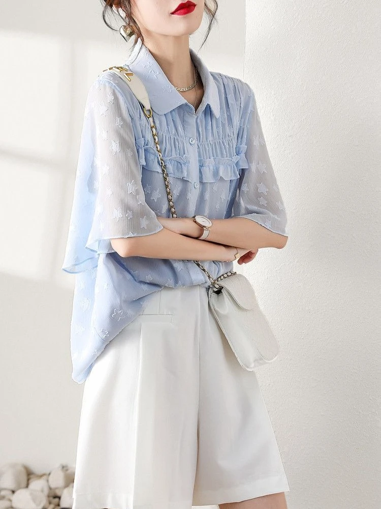 

French Style Regular Shoulder Chiffon Top Women 2026 Summer Fashion Ruffle Loose Slimming Versatile Niche Chic Shirt