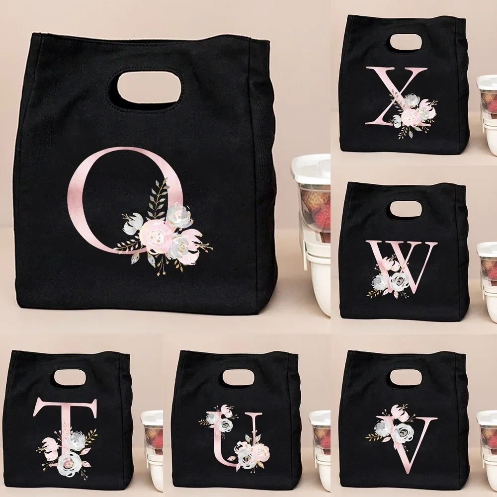 Women's Bag for Lunch Diner Container Bento Bowl Pouch School Lunchbox Tote Pink Flower Initial Letters Food Storage Handbag