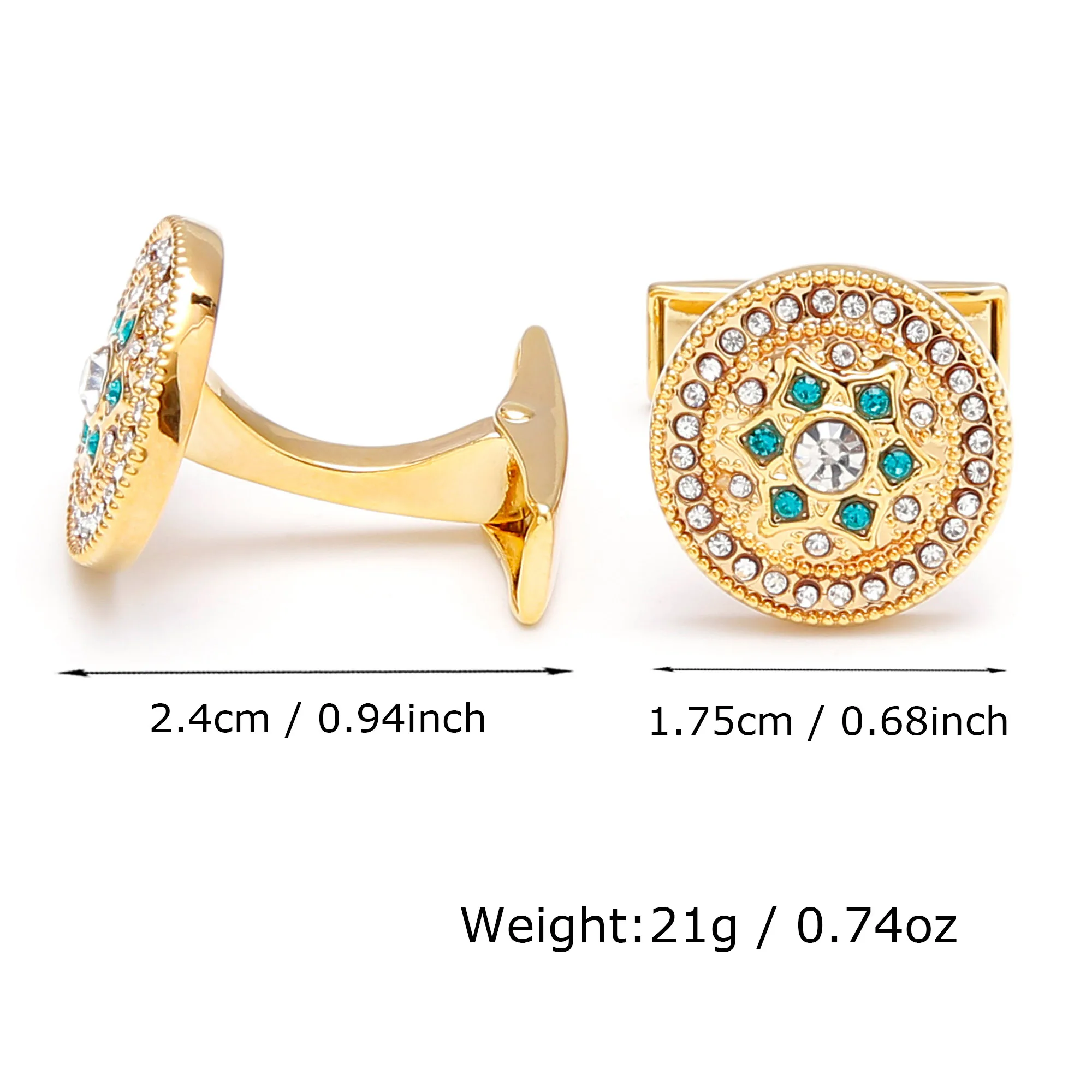 TOMYE Gold Cufflinks for Men, Luxury Green Crystal Round Brass Cuff Links, Business Wedding Shirt Gift, Customized Jewelry