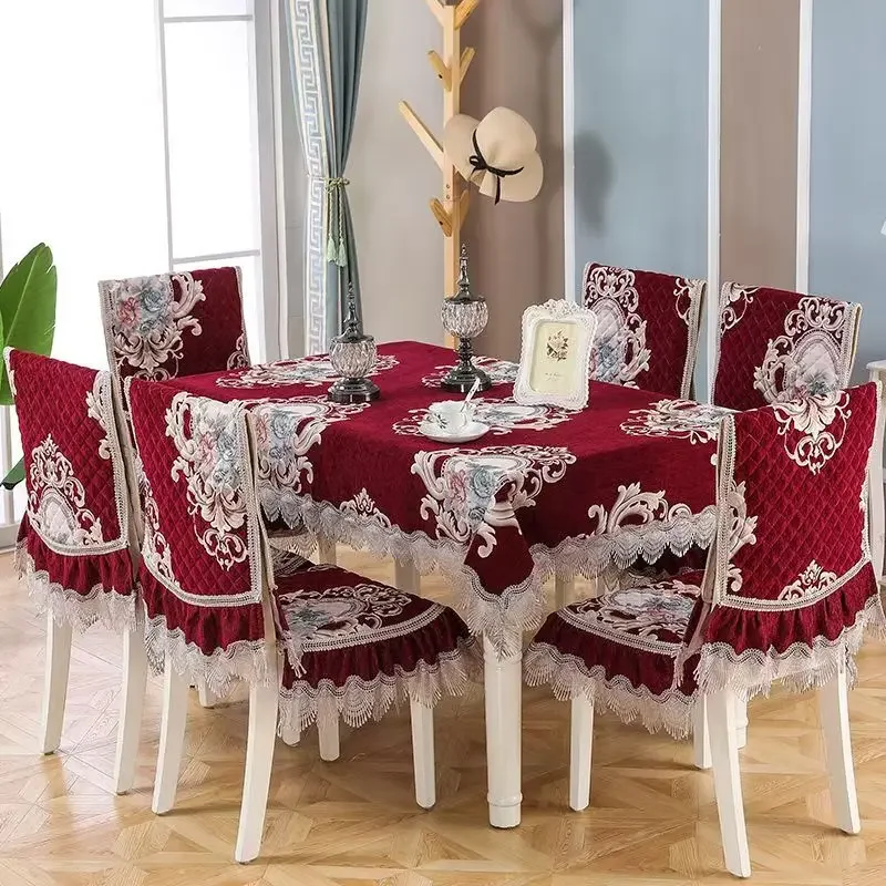 

European Style Velvet Tablecloth Connected Chair Cover Lace Edge Integrated Stool Cover Round Table Cloth Thickened Cushion