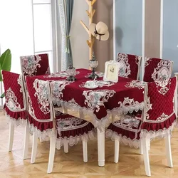 European Style Velvet Tablecloth Connected Chair Cover Lace Edge Integrated Stool Cover Round Table Cloth Thickened Cushion