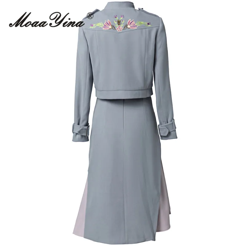 MoaaYina Autumn/Winter Women's Suit Long-sleeve Stand Collar Tops+Fashion Flounced Edge Skirt Embroidery 2 piece set