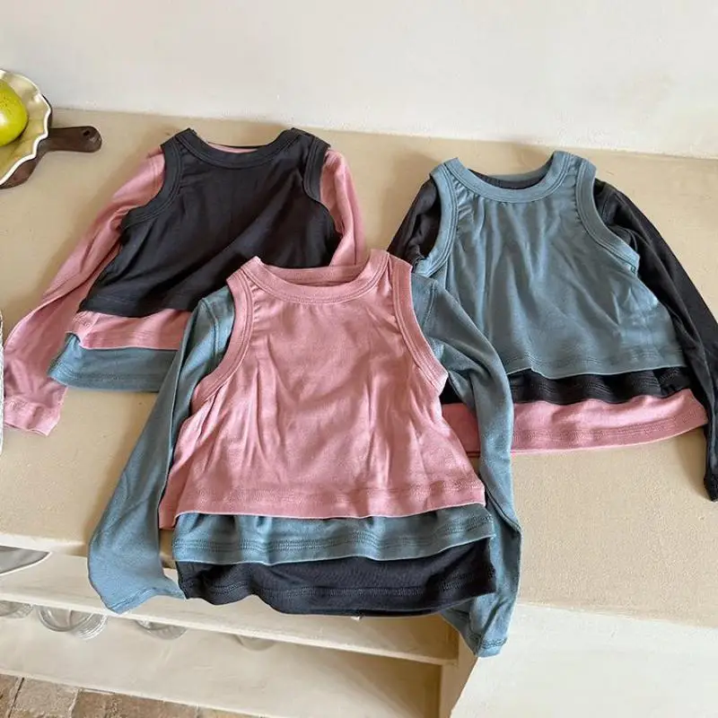 

2025 Autumn New Girls Fake 3pcs Patchwork Bottoming Shirts Children Long Sleeve T Shirts Baby Cotton Casual Tops Kids Clothes
