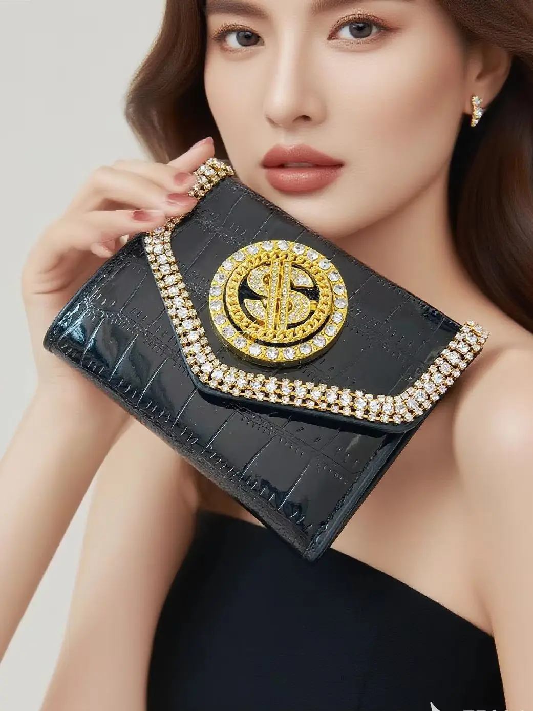 Novelty Rotating Coin Purse, Shiny Faux Crocodile Leather 70% off Pack, Women's Rhinestone Card Holder Clutch Bag