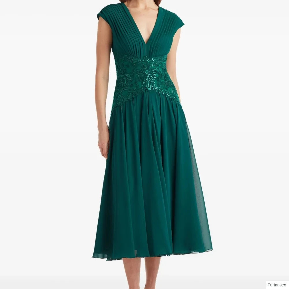 

A-line Women's Evening Dresses Tea-length V-neck Sleeveless Prom Gown Fashion Lace Sequined Simple Pleat Draped Customized Gowns