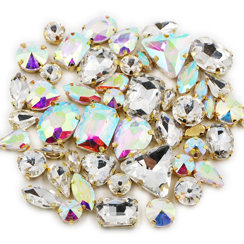 50pcs/Bag Shiny 21Color Matching Mixed Shape Sew on Glass Rhinestone Gold Claw Crystal Diy Wedding Decoration Clothes/Shoe/Dress