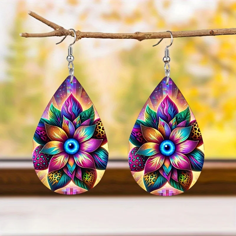 1 Pair Fantasy Colorful Lotus Leather Earring Women's Elegant Flower Teardrop Dangle Earrings Exquisite Gift For Wife Girlfriend