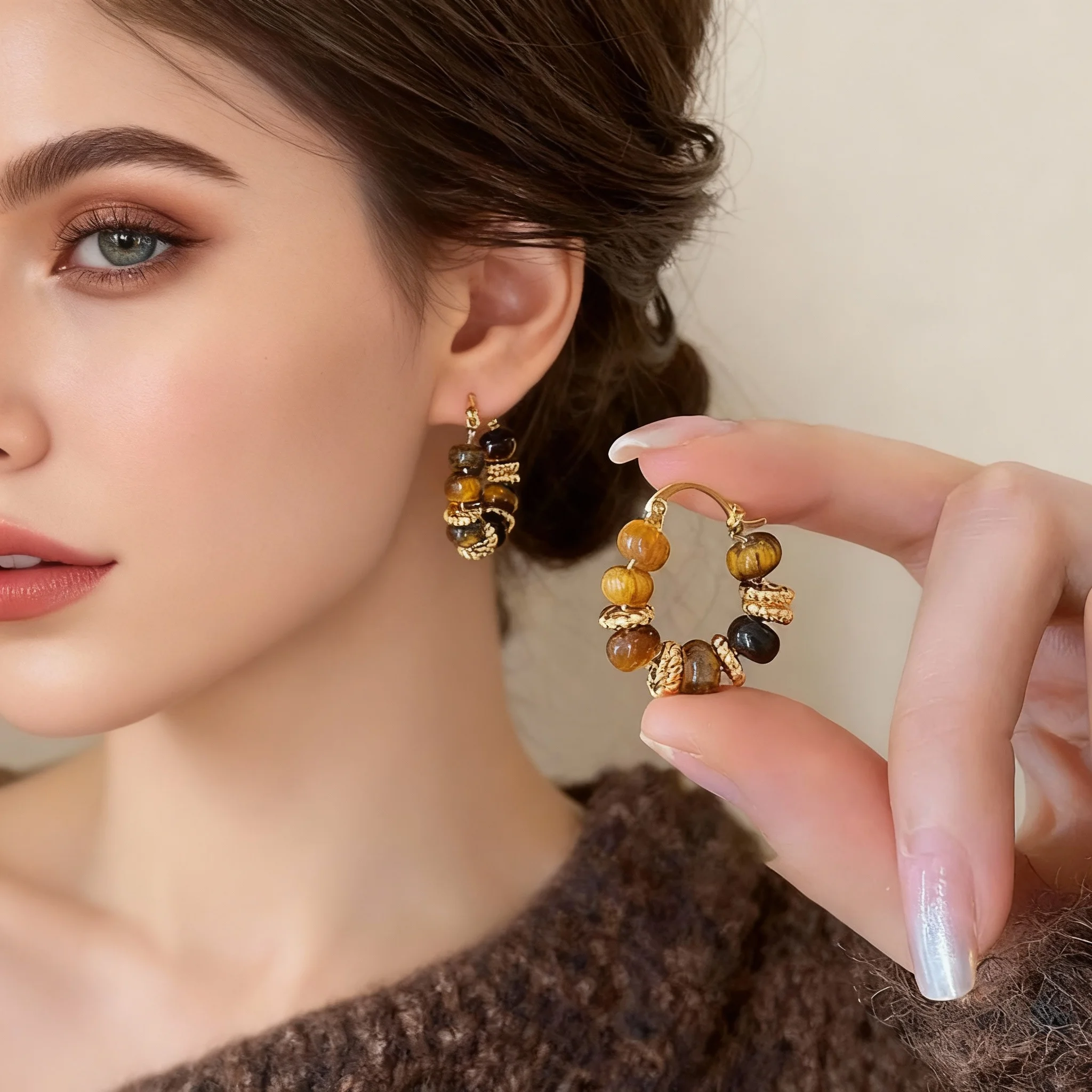 Vintage Amber Color Series Earrings for Women Temperament Brown Enamel Tiger Eye Ear Buckle Earring Party Jewelry Accessory Gift