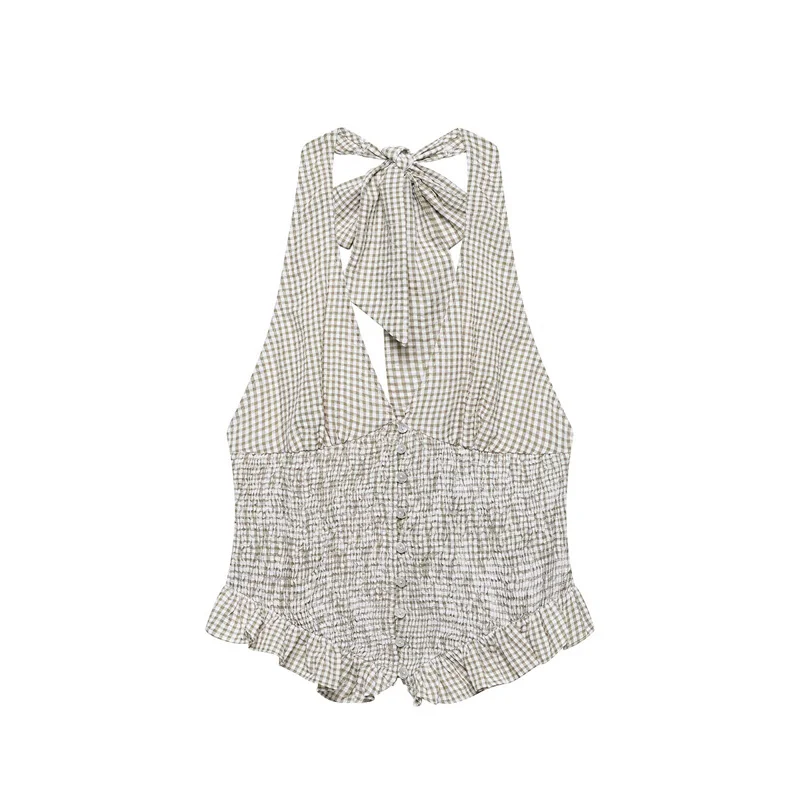 

Summer Women's Plaid Top 2026 New Fashionable Sleeveless Hanging Neck Vest Short Top