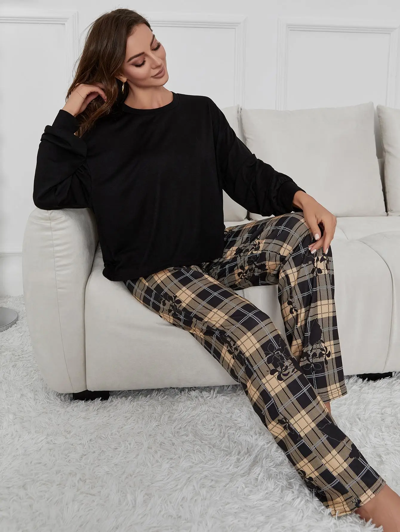 Women Pajama Set Solid Long Sleeve Top & Full-Length Plaid Pants Panda Print 2 Pieces Sleepwear Female Nightwear Homwear Cloth