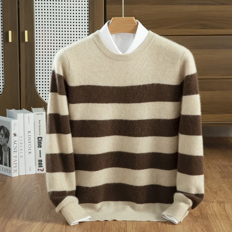 

2024 Autumn And Winter New 100% Cashmere Men's Round Neck Color Blocked Striped Versatile Temperament Men's Sweater