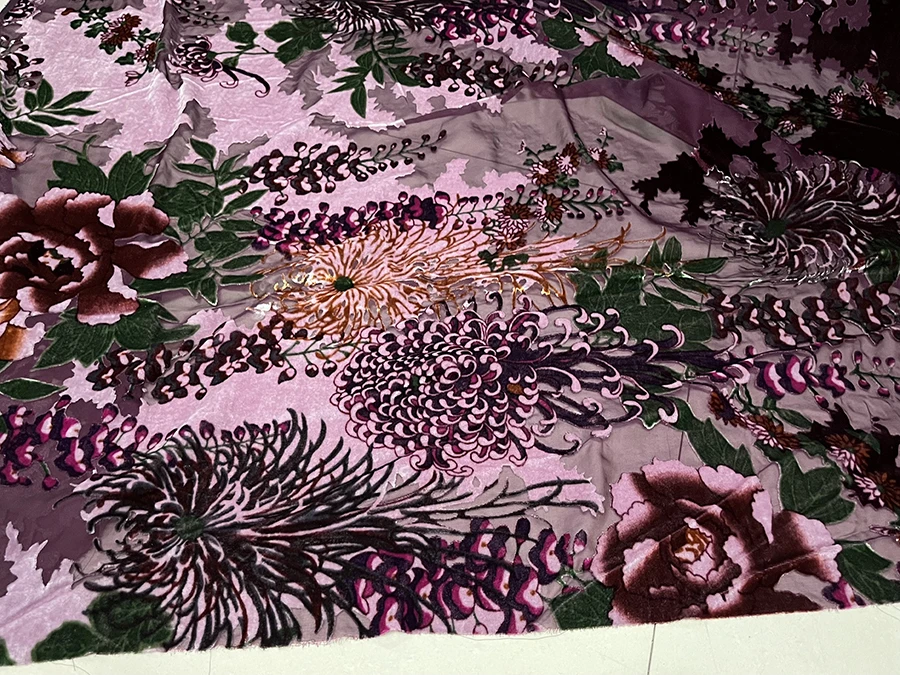 High Quality Real Silk Gold Velvet Design Purple Etched-out Fabric Cheongsam Qipao Cloth