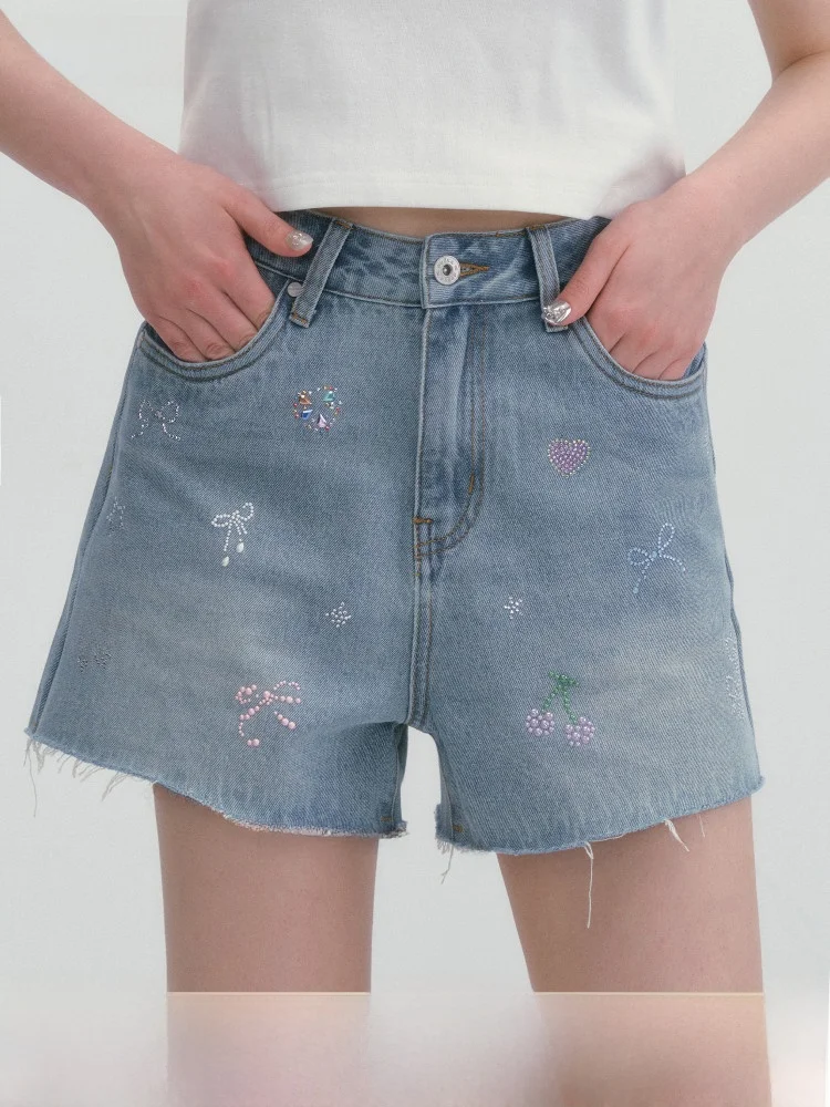  Rhinestone High Waist Denim Shorts Women's Asymmetrical Hem Design Versatile Slimming Wide Leg Pants Casual Style