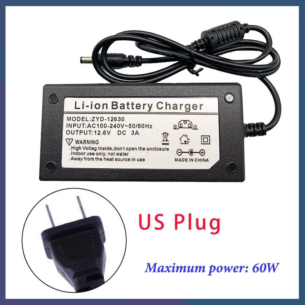 12.6V 3A 18650 Lithium Battery Charger for 3 Series Lithium Battery C Battery 12V Battery Smart Charger + US EU AC Power Cord