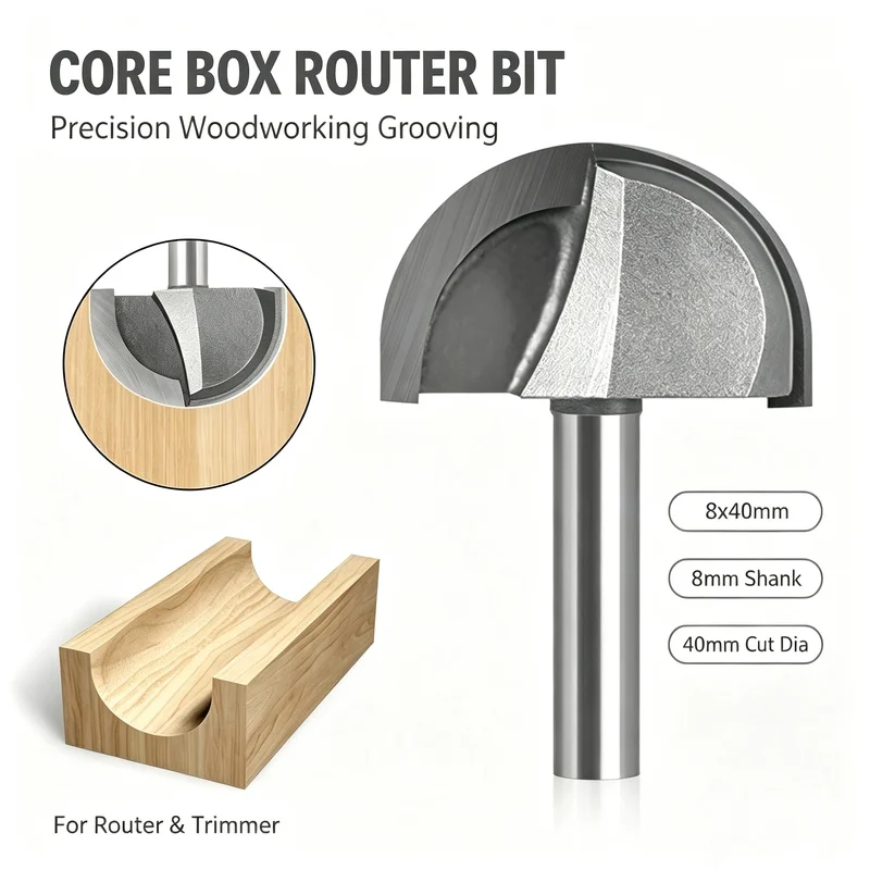 Carbide Core Box Router Bits, Woodworking Grooving Cutter, Semi-Circle Round Bottom Bit for Wood Trimmer, Electric Wood Router