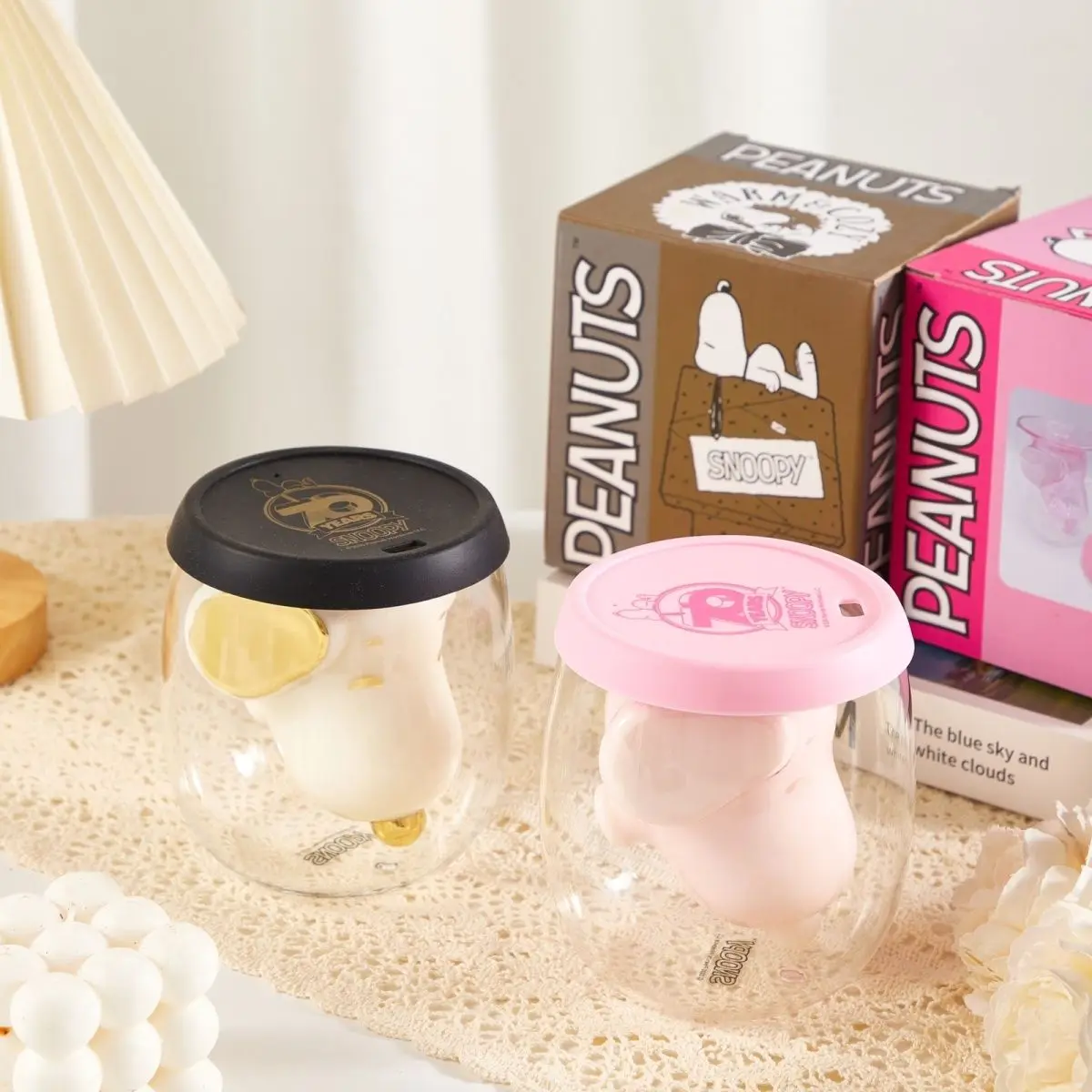 

SNOOPY Double-layer Glass Cup Import 70th Anniversary Commemorative Edition Silicone Cover Coffee Cup Drink Cup Exquisite