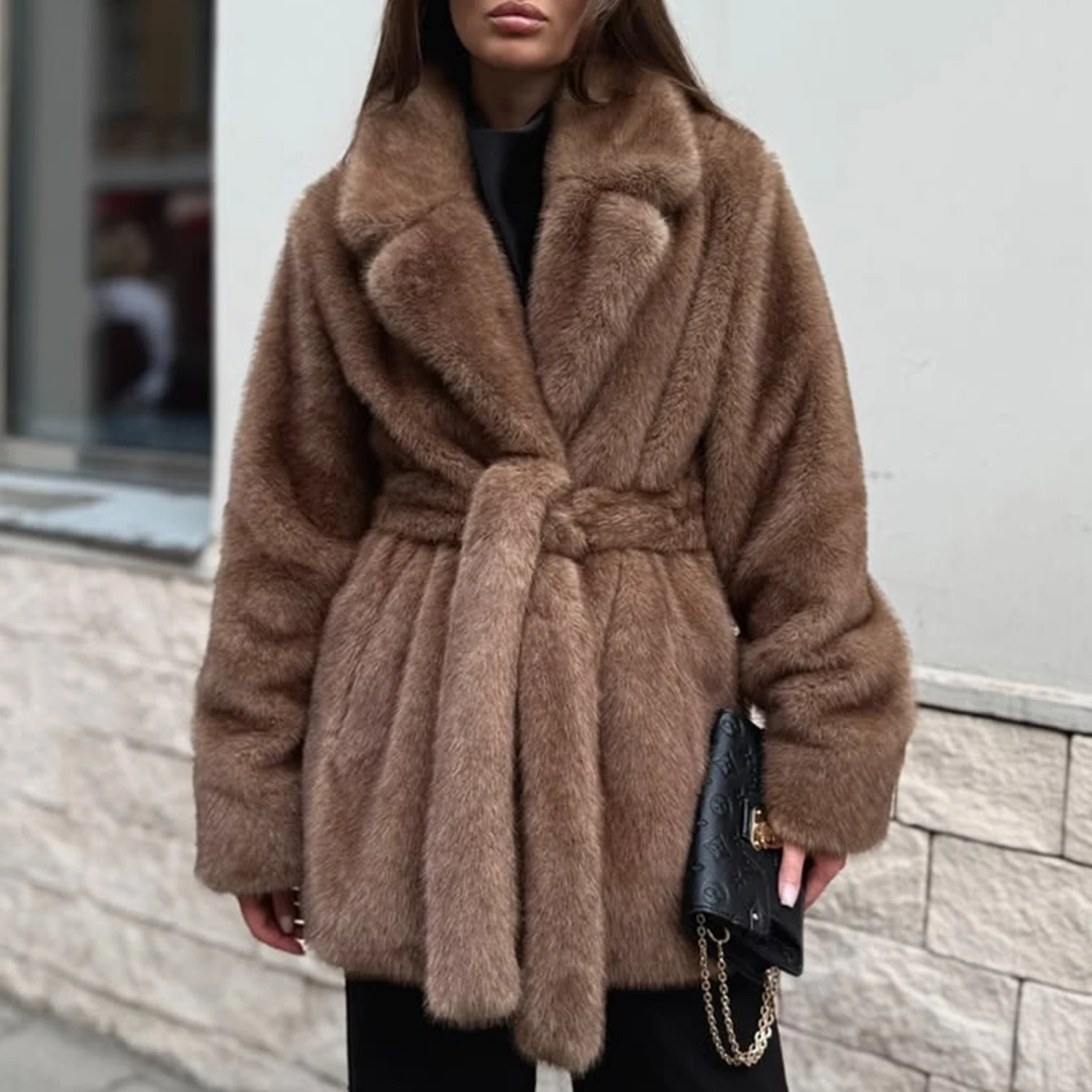 LIMO Women Faux Mink Fur Coat 2026 Winter Lapel Belted Waist Cinched Luxury Warm Outerwear