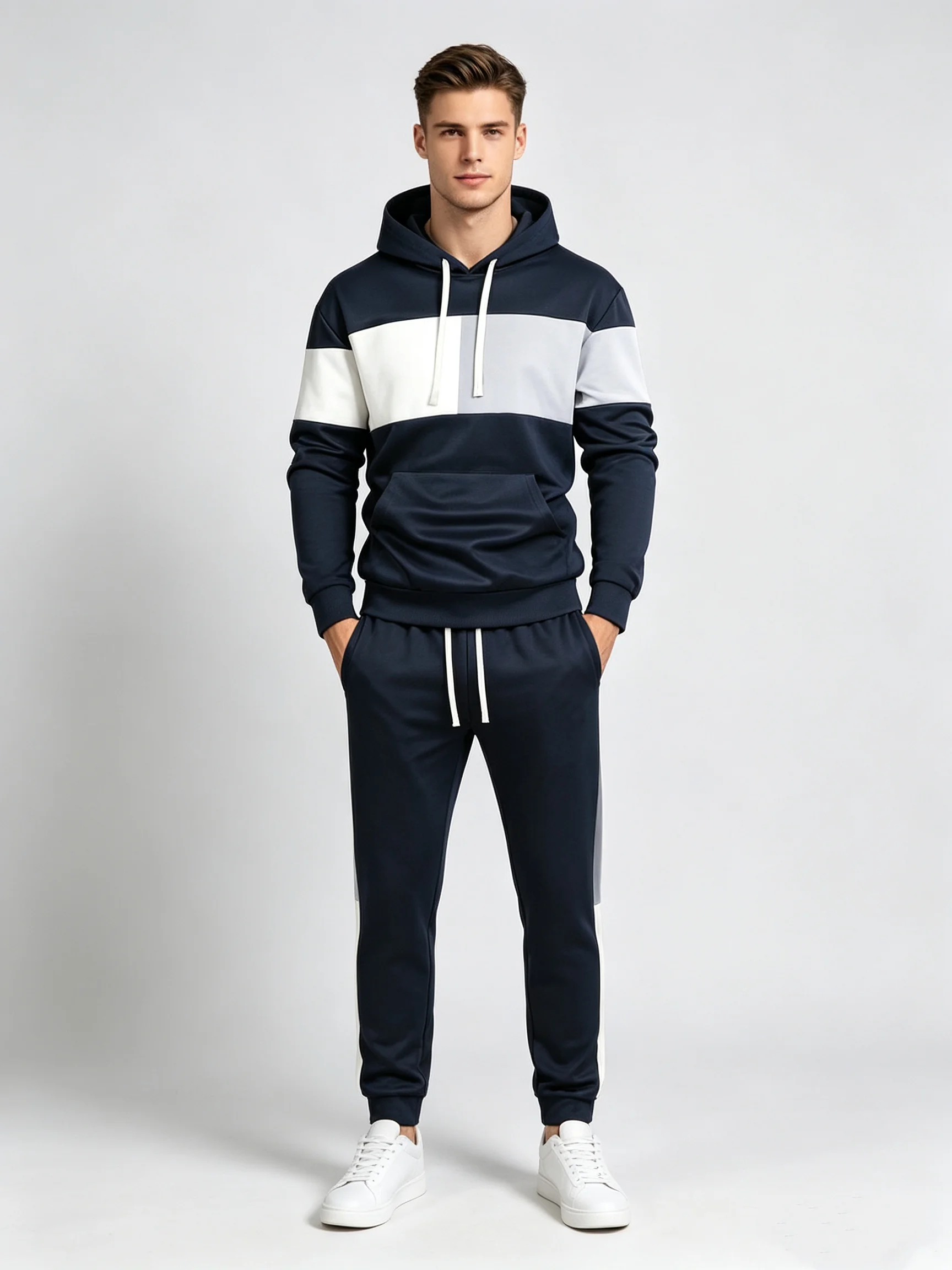 Premium Regular Fit Men Black White Color Block Hooded Tracksuit Minimalist Soft Casual Sweatshirt And Pants Set For Daily Loung