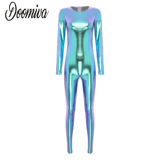 Damskie błyszczące metalowe kombinezony zakrywające całe ciało kombinezon Unitard obcisły zamek błyskawiczny z tyłu Catsuit Party Rave Dance Club Show przebranie na karnawał