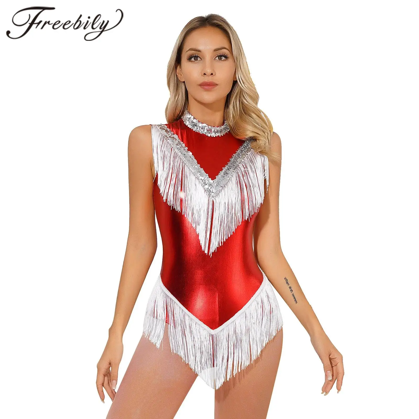 

Womens Sparkly Latin Dance Leotard Sequins Fringed Rhythmic Gymnastics Bodysuit with Tassels Ballerina Jazz Dancing Costume