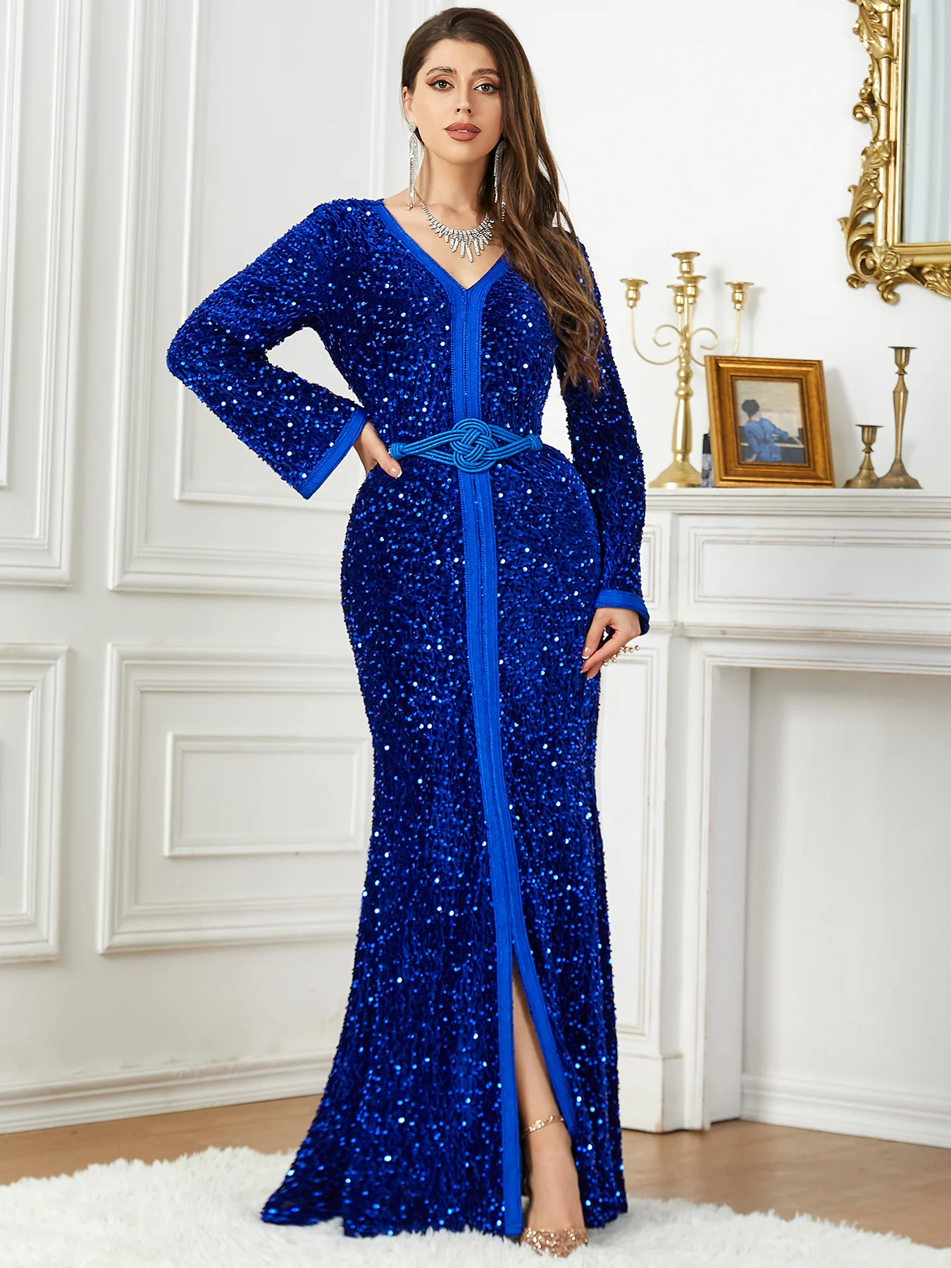 

Evening Party Velour Dubal Luxury Abaya Sequins Moroccan Kaftan Belted Arabic Dress Islamic Clothing Muslim Women Ramadan Winter