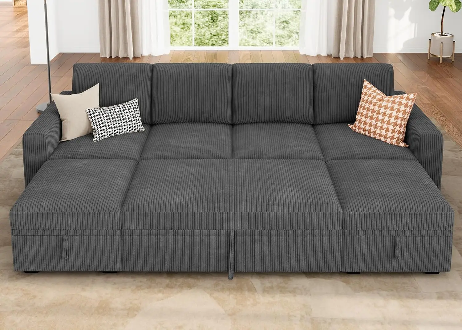 Modular Sectional Sleeper Sofa Bed Corduroy Pull Out Couch with Storage Ottoman U Shaped Sectional Couches for Living Room