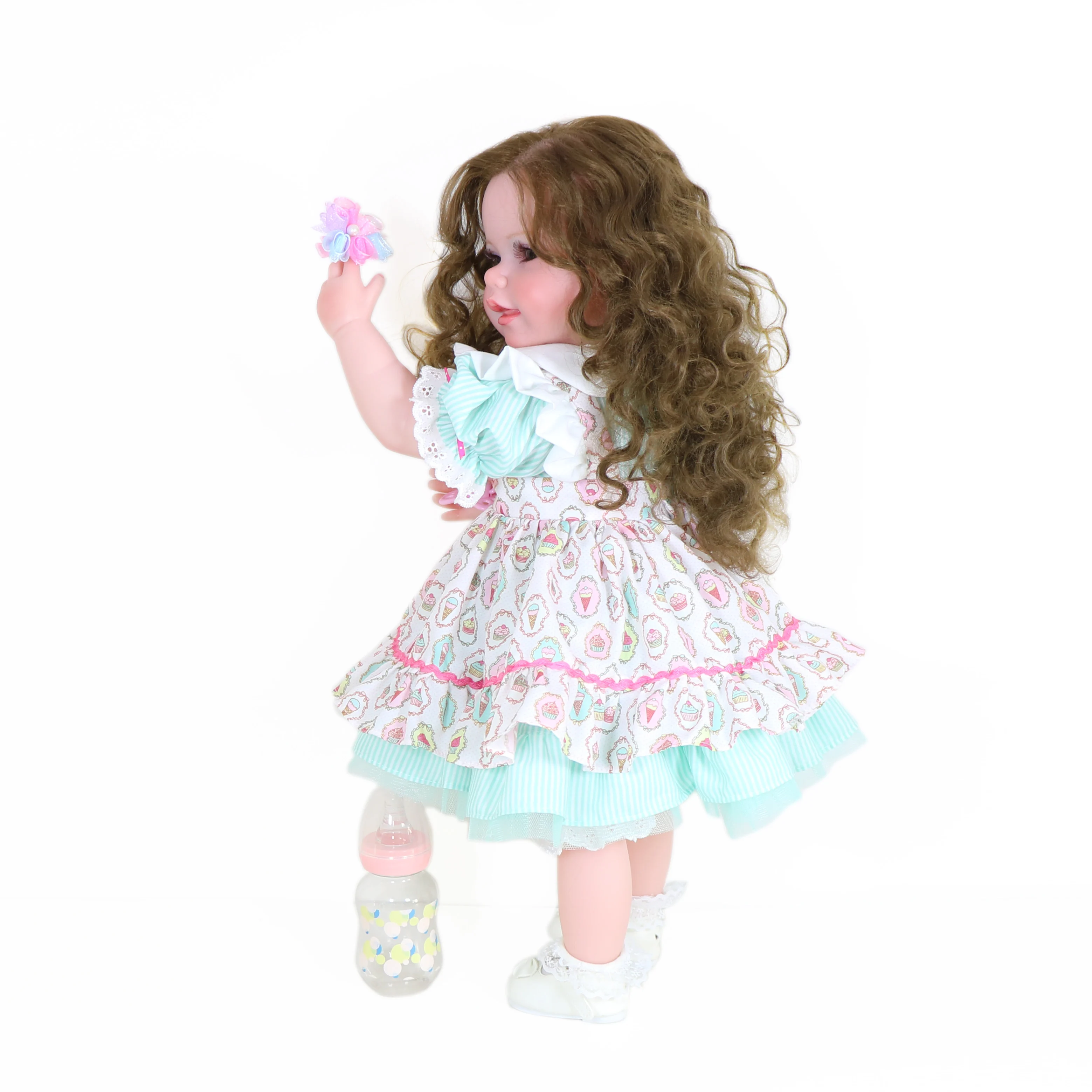 22 inch Standing Reborn Toddler Dolls Smile face with 3D Painted Skin Visible Veins and Rooted Brown Hair Full Vinyl Body