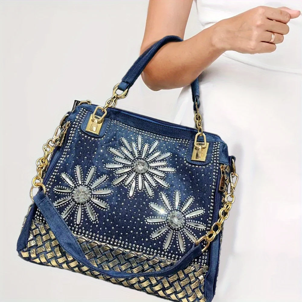 

Ladies' fashionable diamond inlaid flower woven handbag with large capacity diamond decoration shoulder crossbody bag