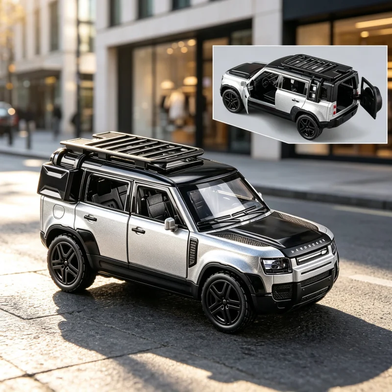 Silver and black hardcore square SUV alloy model car, equipped with a roof rack and rear storage box, can open doors and has a p