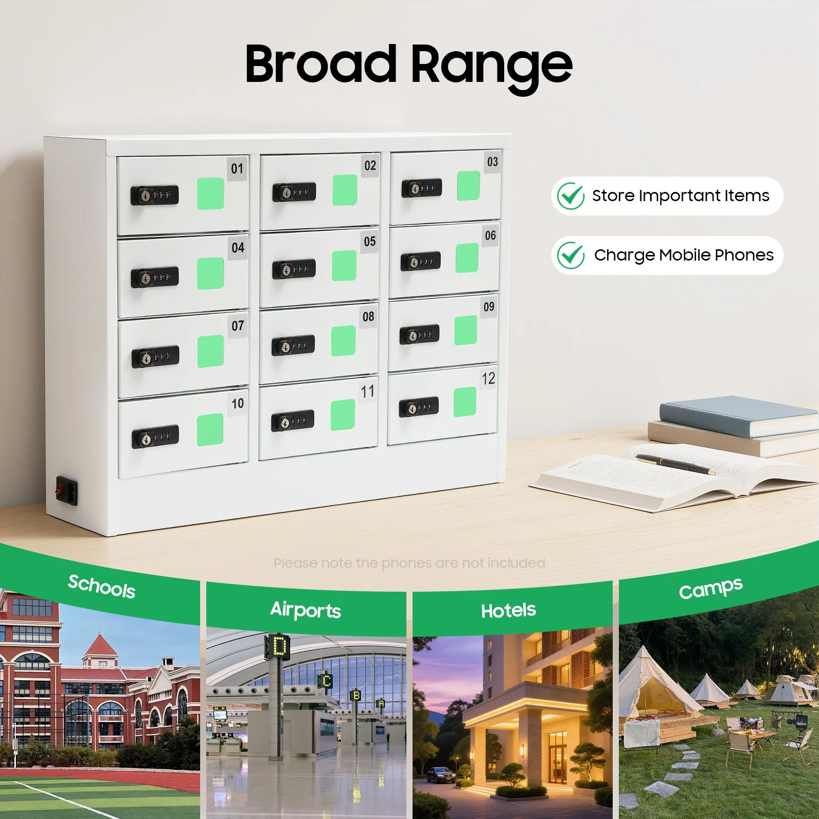 12 Slot Cellphone Charging Station Locker with Acrylic Window, Numbered Cabinets, Fast Charging 5-9V, Cold Rolled Steel, Electrostatic Coating, Password Lock and Key, Over-Voltage Protection, for Classroom/Gym/Retail, US Plug 110V