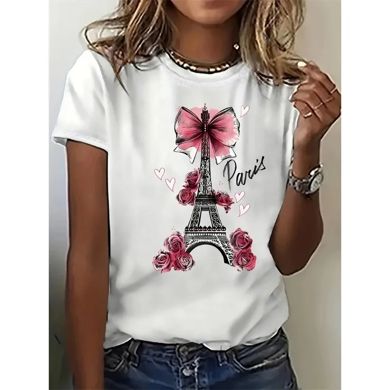 Women Summer Paris Eiffel Tower Print Women's Casual Cotton Comfortable T-shirt Short Sleeve Activewear Print Female Clothing