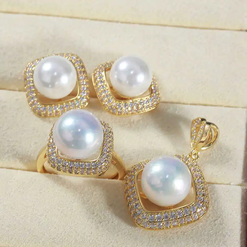 DIY Pearl Accessories New Copper-plated Square Ring Earrings Pendant Empty Support Set Light Luxury and Temperament