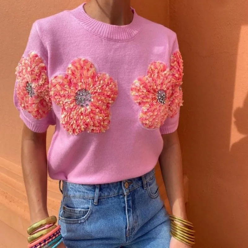 

Fashion Women 3D Flower Knitted Sweater Elegant Lady O Neck Short Sleeved Pullover Tops 2024 Chic Female Commute Street Outfits