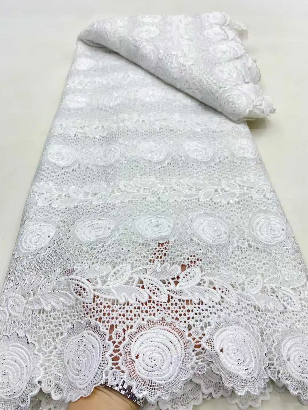 

Africa Cord Lace Fabric High Quality 2025 5 Yards Guipure Lace Nigerian Pure White Sequence Lace Fabric For Party Dress