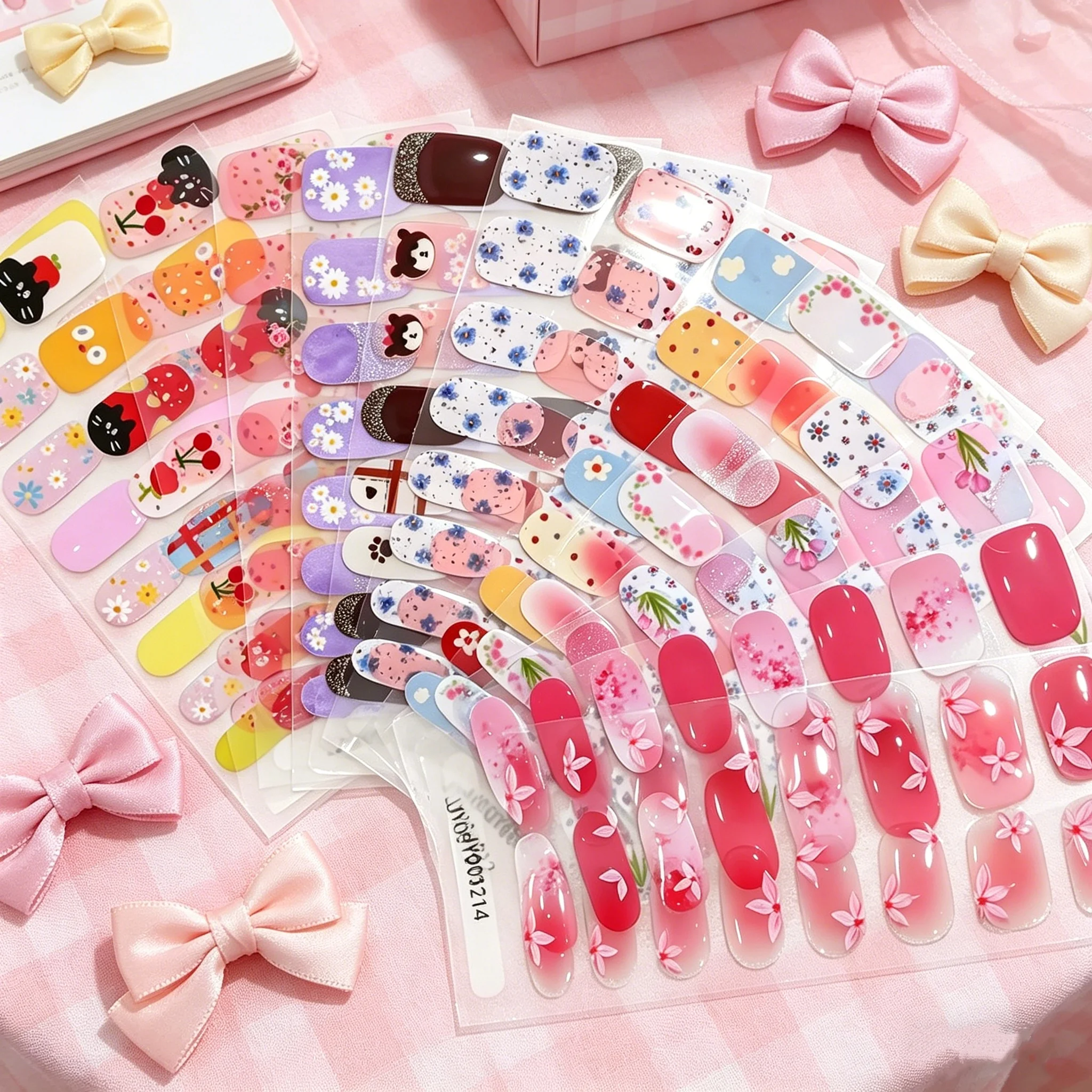 16Tips Simple Nail Art Stickers Cherry Daisy & Sakura Design Nail Wraps Self-Adhesive Full Cover Nail Art Strips Manicure Decors